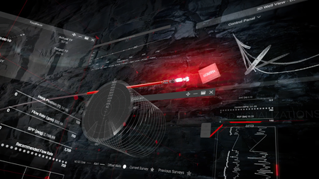 Oilfield bottomhole assembly with overlaid data points and dashboards.